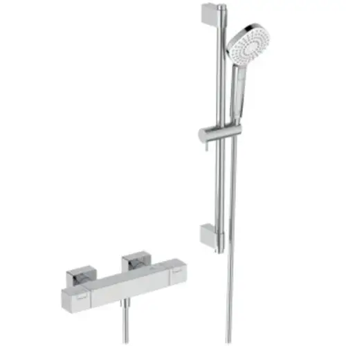 Moderne Brausekombination mit handlicher Dusche, verstellbarem Halter und Thermostat in schimmerndem Chrom-Finish. Ideal für das Badezimmer.